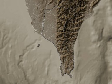 Pingtung, county of Taiwan. Elevation map colored in sepia tones with lakes and rivers