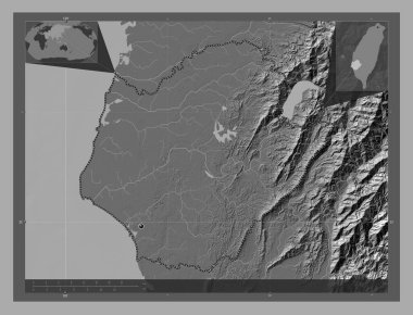 Tainan, special municipality of Taiwan. Bilevel elevation map with lakes and rivers. Corner auxiliary location maps