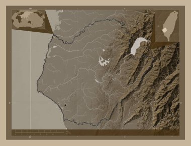 Tainan, special municipality of Taiwan. Elevation map colored in sepia tones with lakes and rivers. Corner auxiliary location maps