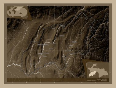 Khatlon, region of Tajikistan. Elevation map colored in sepia tones with lakes and rivers. Locations and names of major cities of the region. Corner auxiliary location maps