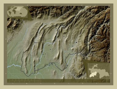 Khatlon, region of Tajikistan. Elevation map colored in wiki style with lakes and rivers. Locations of major cities of the region. Corner auxiliary location maps