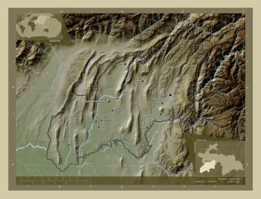 Khatlon, region of Tajikistan. Elevation map colored in wiki style with lakes and rivers. Locations and names of major cities of the region. Corner auxiliary location maps