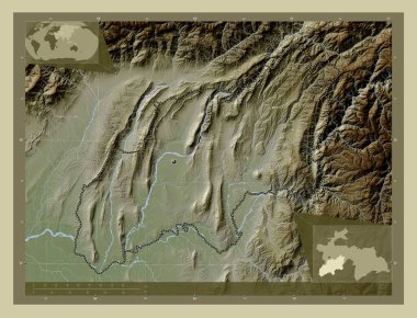 Khatlon, region of Tajikistan. Elevation map colored in wiki style with lakes and rivers. Corner auxiliary location maps