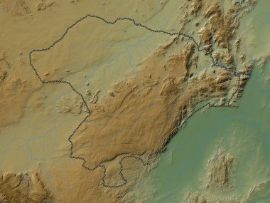Iringa, region of Tanzania. Colored elevation map with lakes and rivers