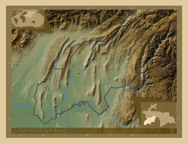 Khatlon Region Tajikistan Colored Elevation Map Lakes Rivers Corner Auxiliary — Fotografia de Stock