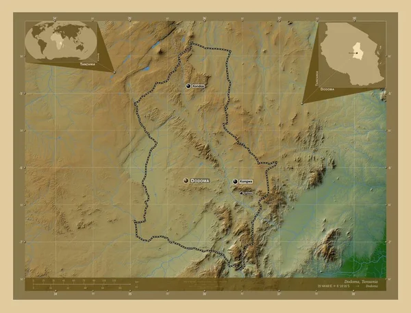 Додома Регион Танзании Цветная Карта Высоты Озерами Реками Места Названия — стоковое фото
