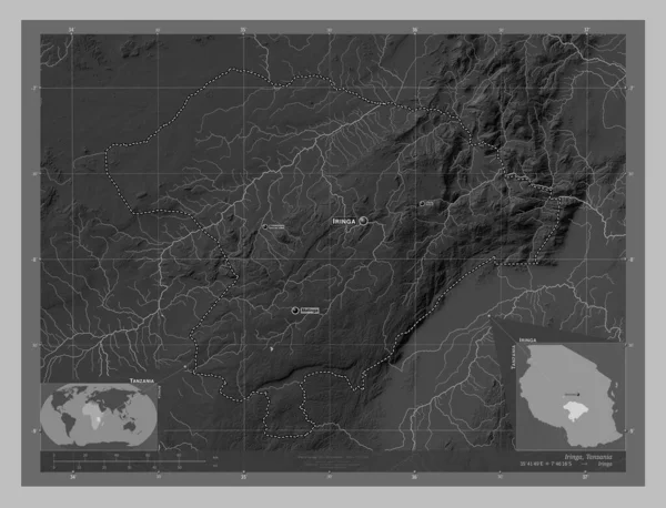 Iringa Region Tanzania Grayscale Elevation Map Lakes Rivers Locations Names — Stock Photo, Image