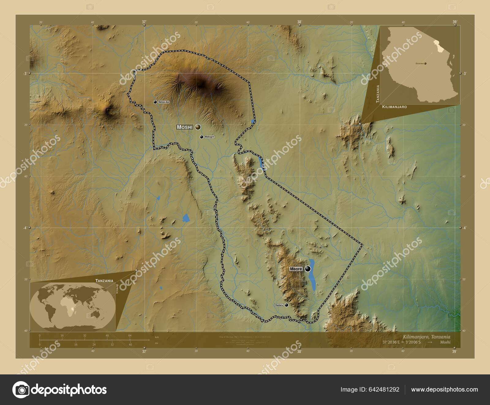 Kilimanjaro Region Tanzania Colored Elevation Map Lakes Rivers Locations  Names — Stock Photo © Yarr65 #642481292, image size:1600x1324