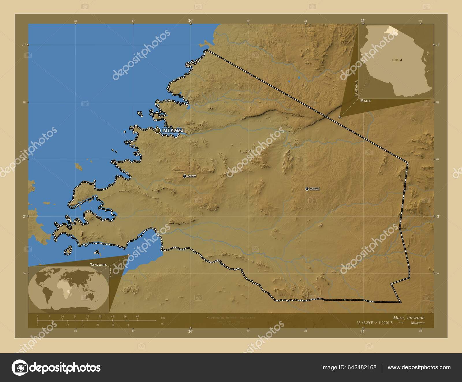 Mara Region Tanzania Colored Elevation Map Lakes Rivers Locations Names —  Stock Photo © Yarr65 #642482168, image size:1600x1324