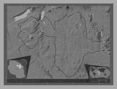 Manyara, region of Tanzania. Bilevel elevation map with lakes and rivers. Locations and names of major cities of the region. Corner auxiliary location maps