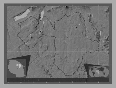 Manyara, region of Tanzania. Bilevel elevation map with lakes and rivers. Corner auxiliary location maps