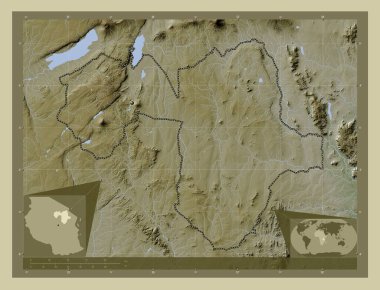Manyara, region of Tanzania. Elevation map colored in wiki style with lakes and rivers. Corner auxiliary location maps