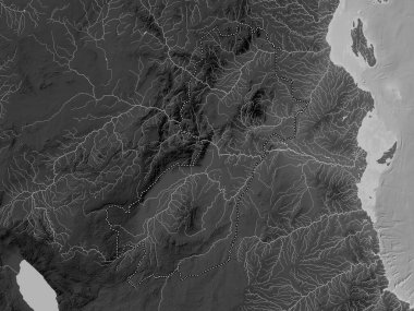 Morogoro, region of Tanzania. Grayscale elevation map with lakes and rivers