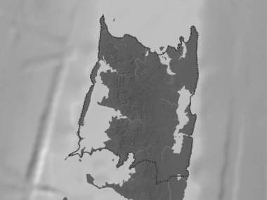 Pemba North, region of Tanzania. Grayscale elevation map with lakes and rivers