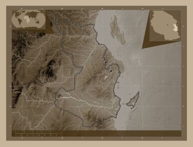 Pwani, region of Tanzania. Elevation map colored in sepia tones with lakes and rivers. Locations of major cities of the region. Corner auxiliary location maps