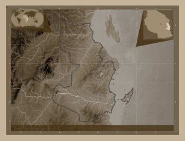 Pwani, region of Tanzania. Elevation map colored in sepia tones with lakes and rivers. Corner auxiliary location maps