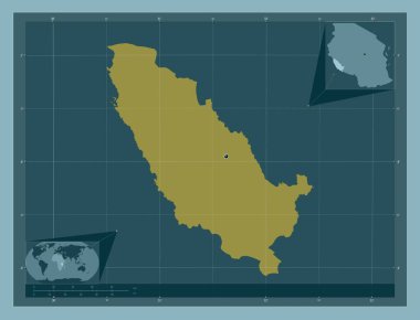 Rukwa, region of Tanzania. Solid color shape. Locations of major cities of the region. Corner auxiliary location maps
