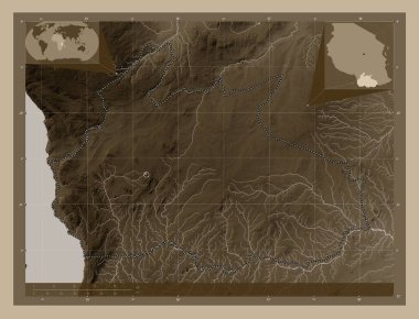 Ruvuma, region of Tanzania. Elevation map colored in sepia tones with lakes and rivers. Corner auxiliary location maps