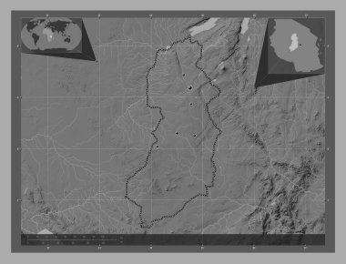 Singida, region of Tanzania. Bilevel elevation map with lakes and rivers. Locations of major cities of the region. Corner auxiliary location maps