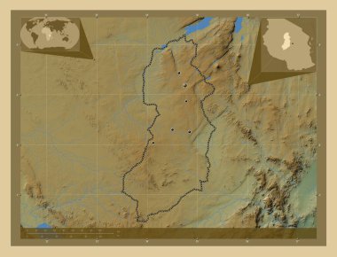 Singida, region of Tanzania. Colored elevation map with lakes and rivers. Locations of major cities of the region. Corner auxiliary location maps