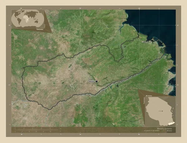 タンザニアのMtwara地域 高解像度衛星地図 地域の主要都市の位置と名前 コーナー補助位置図 — ストック写真