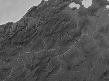 Beja, governorate of Tunisia. Grayscale elevation map with lakes and rivers