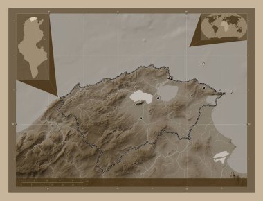 Bizerte, governorate of Tunisia. Elevation map colored in sepia tones with lakes and rivers. Locations of major cities of the region. Corner auxiliary location maps