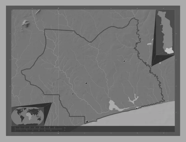 多哥地区 带湖泊和河流的比尔维尔高程图 该区域主要城市的所在地点 角辅助位置图 — 图库照片