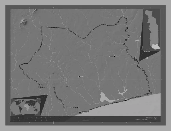 Maritime Region Togo Bilevel Elevation Map Lakes Rivers Locations Names — Stock Photo, Image