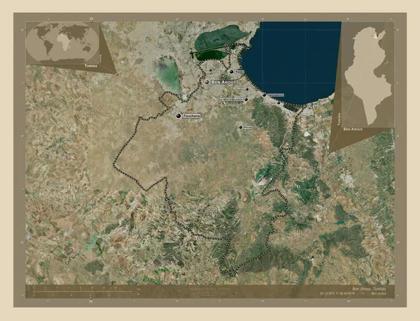 アーラス チュニジアの政治家 高解像度衛星地図 地域の主要都市の位置と名前 コーナー補助位置図 — ストック写真