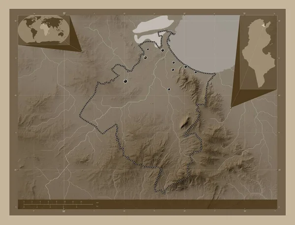 Ben Arous Governorate Tunisia Elevation Map Colored Sepia Tones Lakes — Stock Photo, Image
