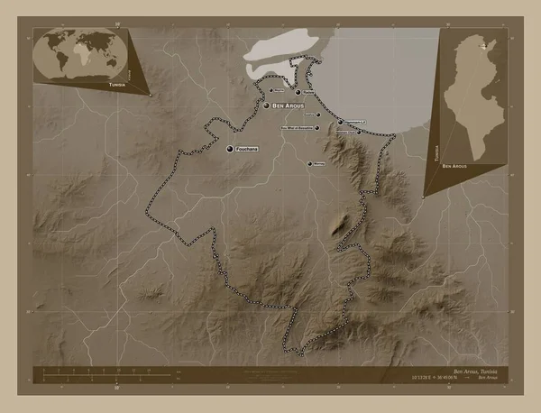 Ben Arous Governorate Tunisia Elevation Map Colored Sepia Tones Lakes — Stock Photo, Image