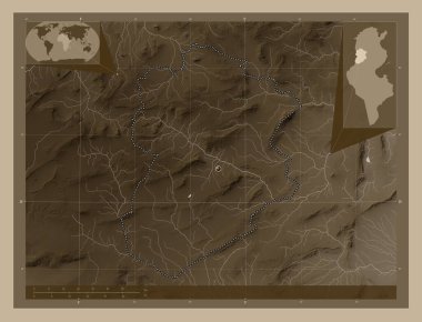Kasserine, governorate of Tunisia. Elevation map colored in sepia tones with lakes and rivers. Corner auxiliary location maps