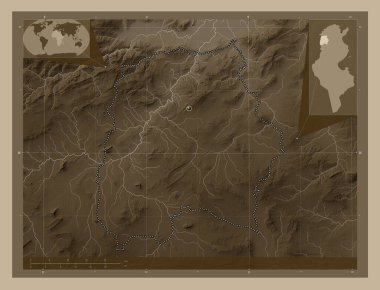 Le Kef, governorate of Tunisia. Elevation map colored in sepia tones with lakes and rivers. Corner auxiliary location maps