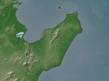 Nabeul, governorate of Tunisia. Elevation map colored in wiki style with lakes and rivers