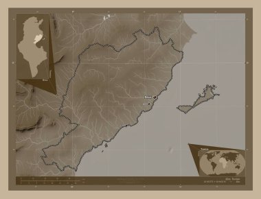 Sfax, governorate of Tunisia. Elevation map colored in sepia tones with lakes and rivers. Locations and names of major cities of the region. Corner auxiliary location maps