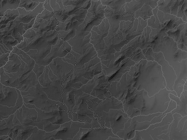 Siliana, governorate of Tunisia. Grayscale elevation map with lakes and rivers