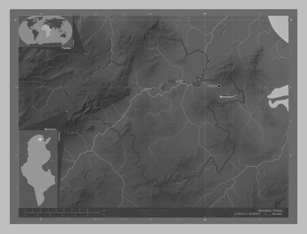 Manubah Governorate Tunisia Grayscale Elevation Map Lakes Rivers Locations Names — Stock fotografie