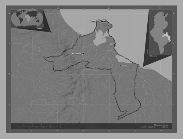 Médénine Gouvernorat Tunisie Carte Altitude Bilevel Avec Lacs Rivières Emplacements — Photo