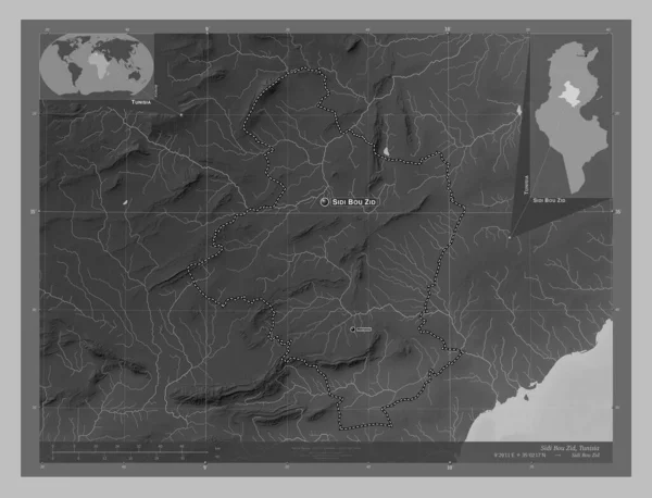 Sidi Bou Zid Governorate Tunisia Grayscale Elevation Map Lakes Rivers — Stock Photo, Image