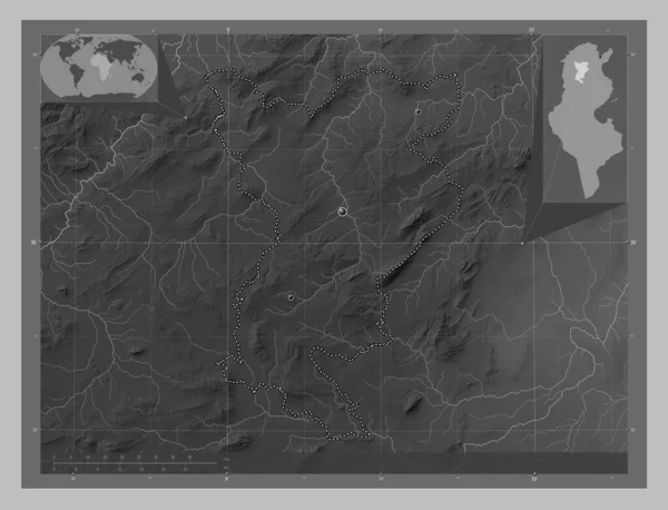 Siliana Governorate Tunisia Grayscale Elevation Map Lakes Rivers Locations Major — Stock Photo, Image