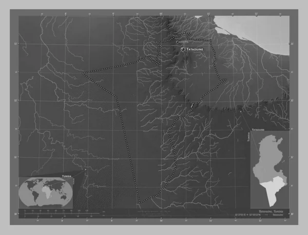 Tataouine Governorate Tunisia Grayscale Elevation Map Lakes Rivers Locations Names — Stock Photo, Image