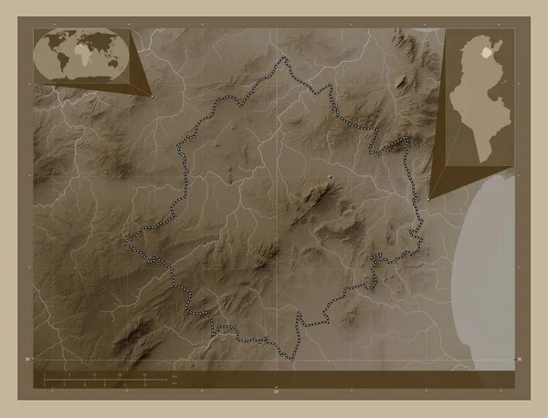 Zaghouan Governorate Tunisia Elevation Map Colored Sepia Tones Lakes Rivers — Stock Photo, Image