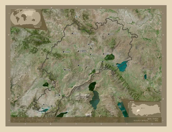 Afyon Province Turkiye 高分辨率卫星地图 该区域主要城市的地点和名称 角辅助位置图 — 图库照片
