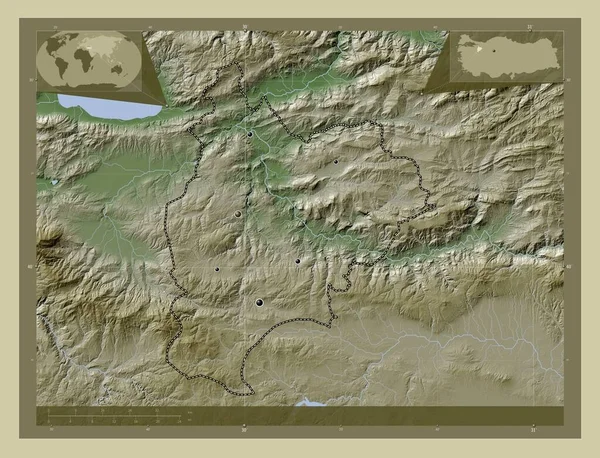 Bilecik Turkiye省 用Wiki风格绘制的带有湖泊和河流的高程地图 该区域主要城市的所在地点 角辅助位置图 — 图库照片