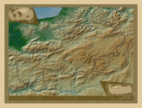 Bolu Province Turkiye Colored Elevation Map Lakes Rivers Locations Names — Stok fotoğraf
