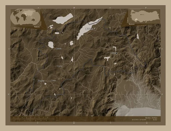 Burdur Provincia Turkiye Mappa Elevazione Colorata Toni Seppia Con Laghi — Foto Stock