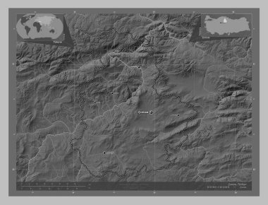 Corum, province of Turkiye. Grayscale elevation map with lakes and rivers. Locations and names of major cities of the region. Corner auxiliary location maps