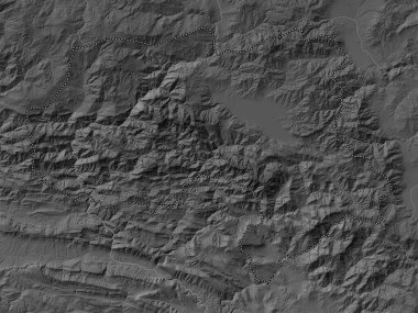Hakkari, province of Turkiye. Grayscale elevation map with lakes and rivers