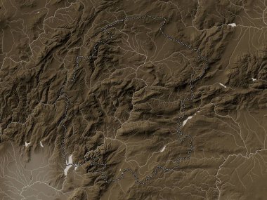 Kahramanmaras, province of Turkiye. Elevation map colored in sepia tones with lakes and rivers